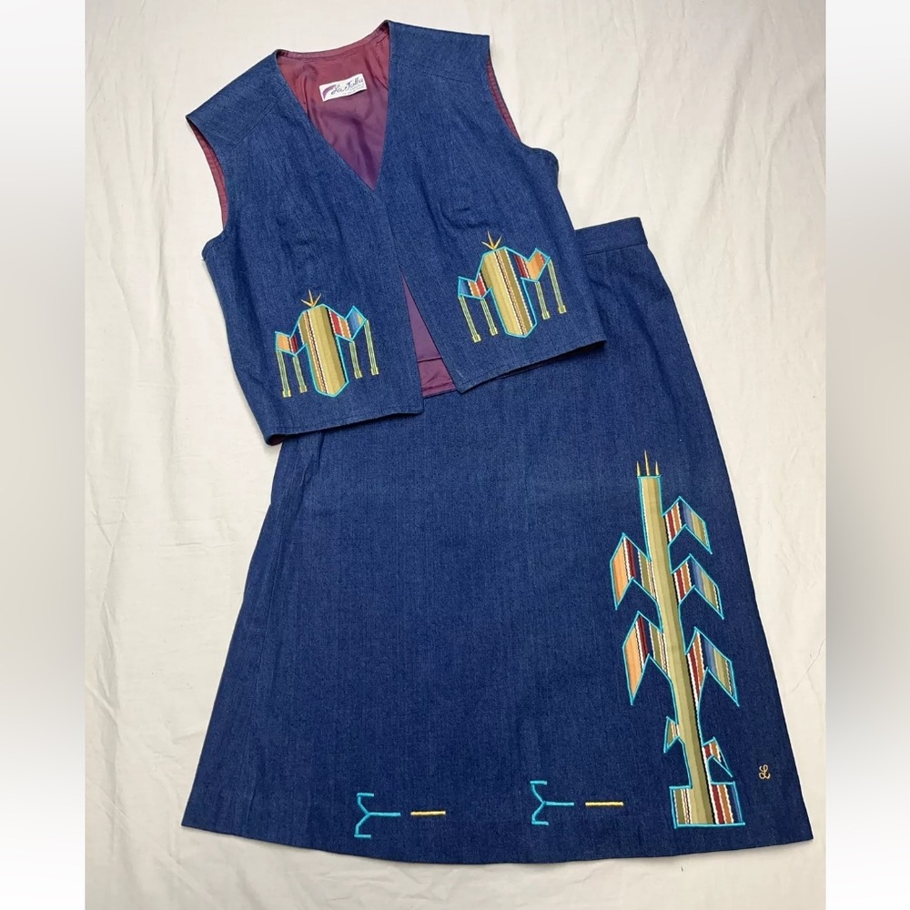 Vintage 1970s La Jolla Casuals Denim Skirt & Vest Set
